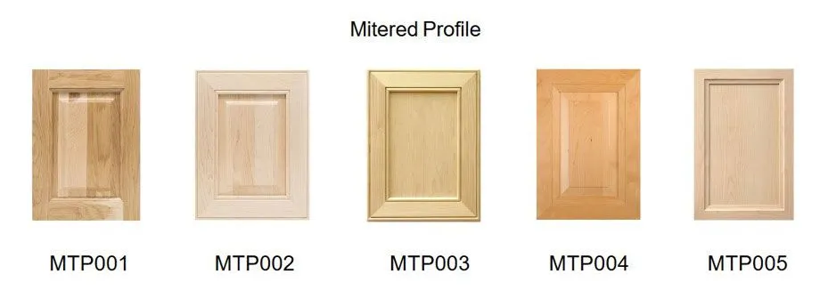 Mitered profile cabinet door samples showcasing various wood finishes and designs for custom cabinetry solutions.