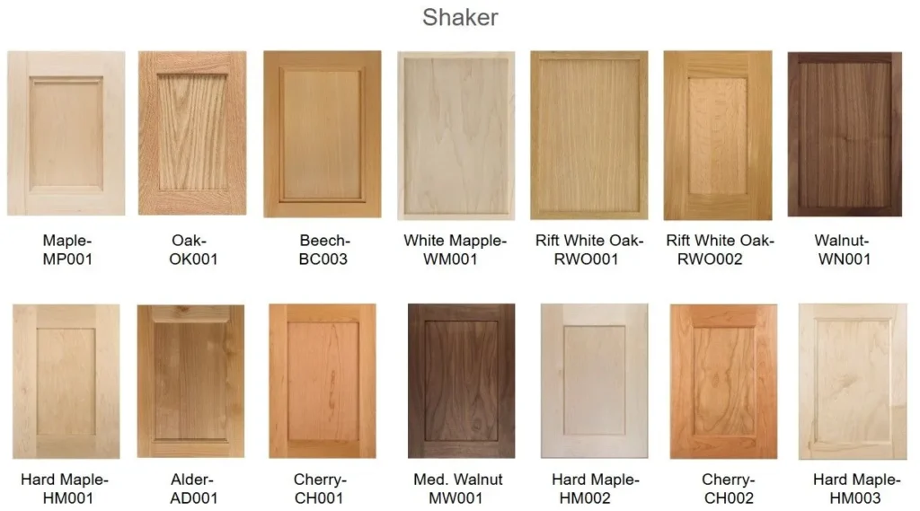 Shaker-style cabinet door samples in various wood finishes including maple, oak, beech, walnut, and cherry, showcasing custom cabinetry options for kitchen and bathroom remodeling.