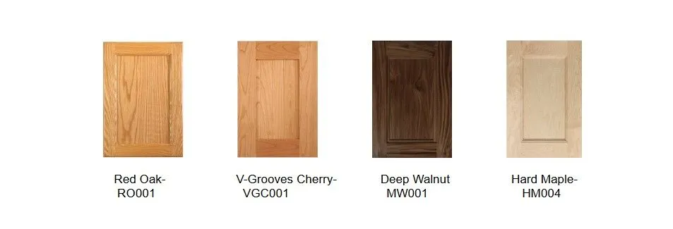 Cabinet door samples showcasing Red Oak, V-Grooves Cherry, Deep Walnut, and Hard Maple finishes for custom cabinetry and remodeling projects.