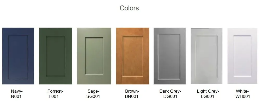 Color options for custom cabinetry including Navy, Forrest, Sage, Brown, Dark Grey, Light Grey, and White, showcasing various finishes available for kitchen and bathroom remodeling projects.
