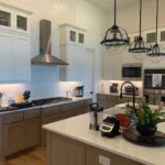 Modern kitchen featuring custom cabinetry, stainless steel appliances, and an island with a plant centerpiece, showcasing The Perfect Cabinet Company's remodeling expertise.