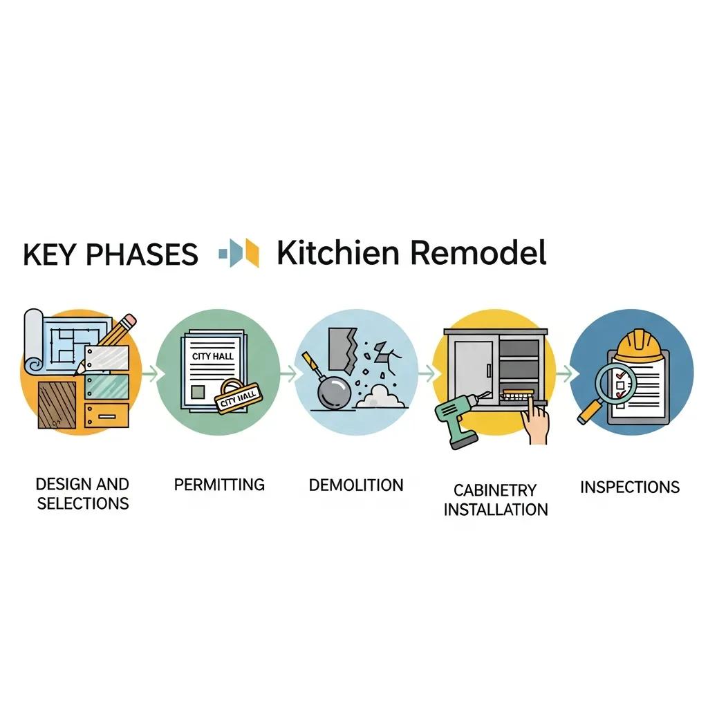 Visual representation of kitchen remodel phases including design, permitting, and installation