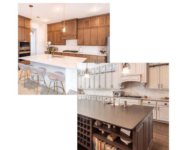 Custom kitchen cabinetry featuring a blend of light and dark wood finishes, modern bar stools, marble countertops, and stylish pendant lighting, showcasing high-quality remodeling by The Perfect Cabinet Company in Carrollton, TX.